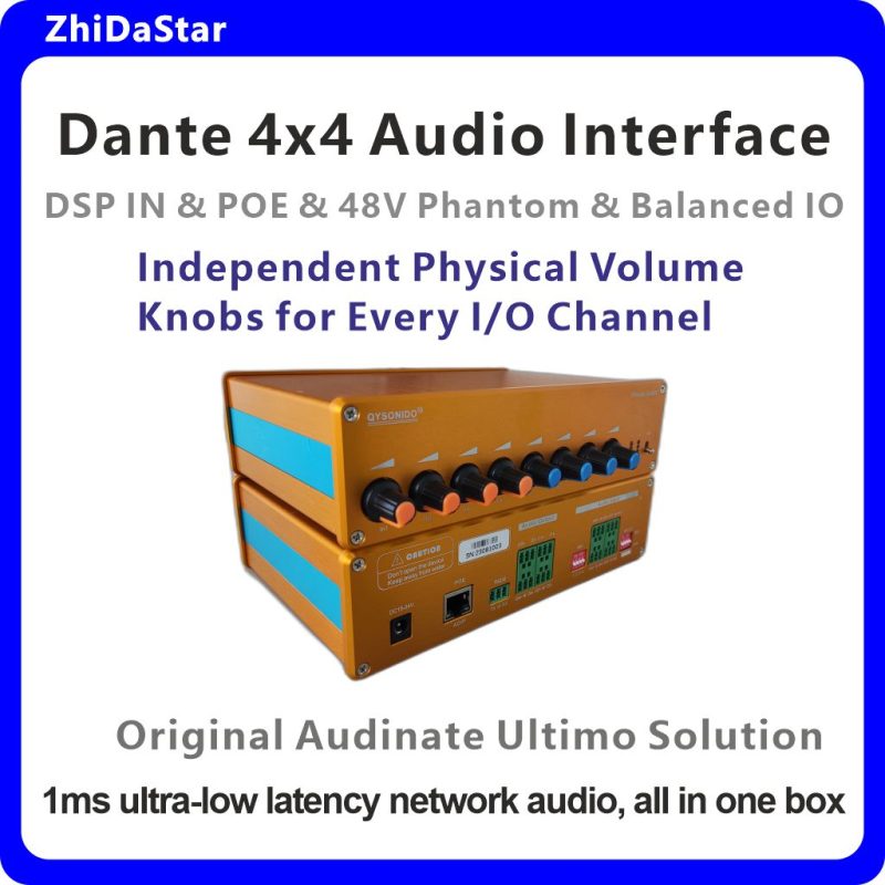 Dante 4x4 audio interface desktop box with mic/line and PoE